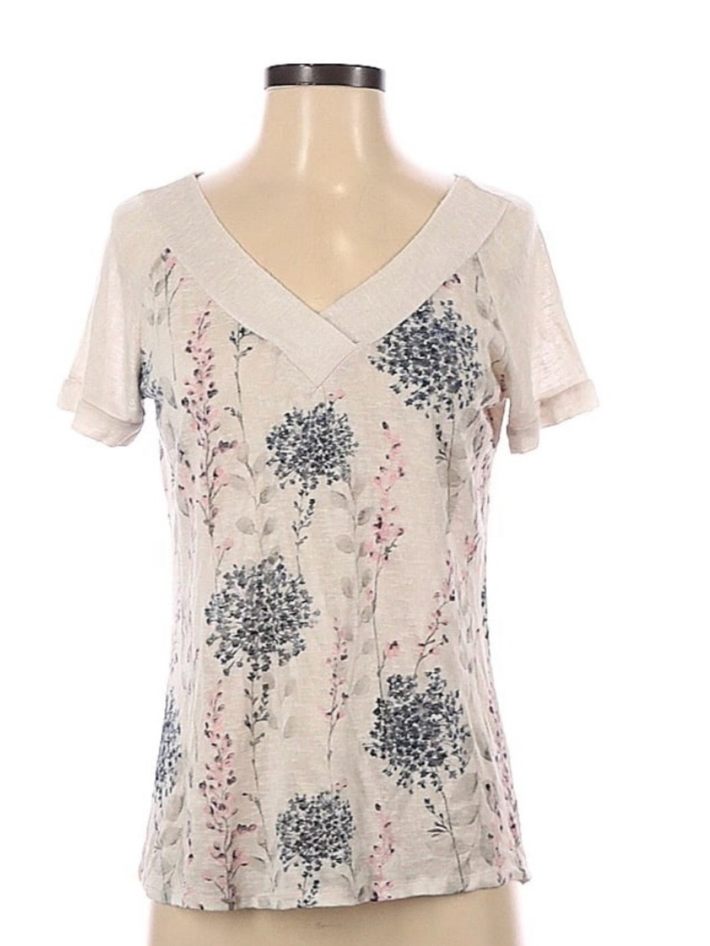 Bellambia Cream Floral V-Neck Short Sleeve Top Size S